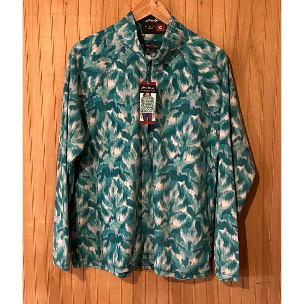 Eddie Bauer 1/4 Zip Polar Fleece Pullover Turquoise Leaf Ikat Women's Size XL